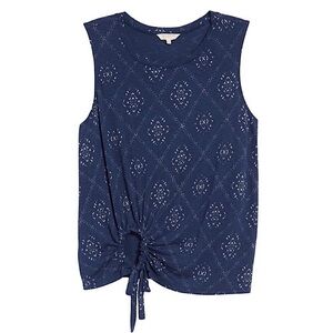 Lucky Brand Batik Printed Side Tie Tank Top in Blue Multi Print, Extra Large